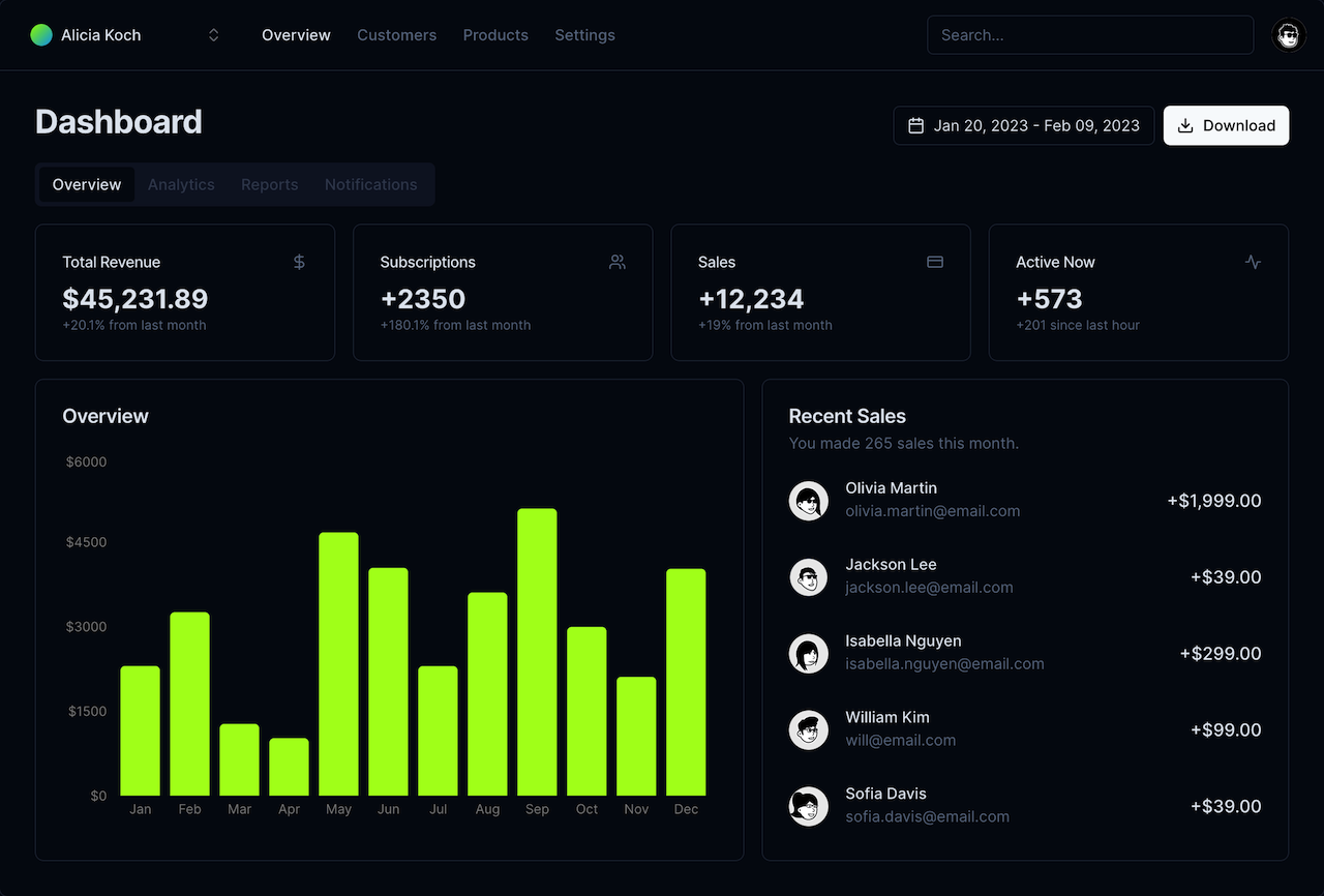 Dashboard - Dark mode preview