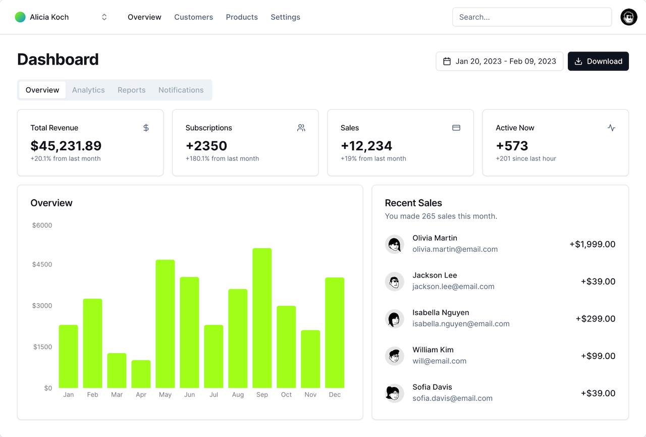 Dashboard - Light mode preview